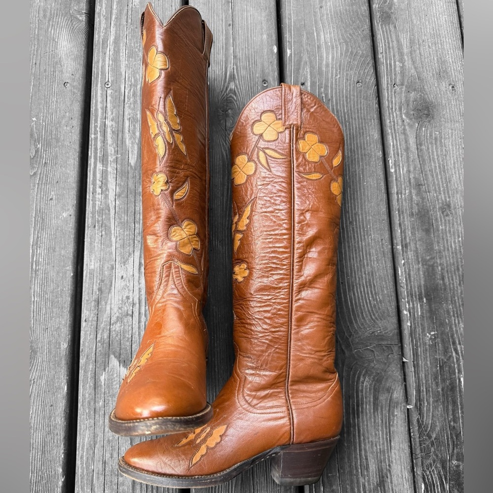 Vintage Larry Mahan Butterfly and Floral Inlay Women's Tall Cowboy Boots